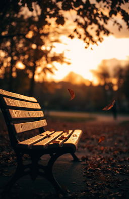 A beautifully melancholic scene depicting a deserted park bench under the golden hour light, surrounded by falling autumn leaves