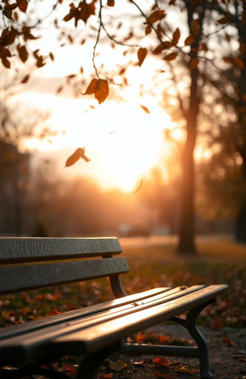 A beautifully melancholic scene depicting a deserted park bench under the golden hour light, surrounded by falling autumn leaves