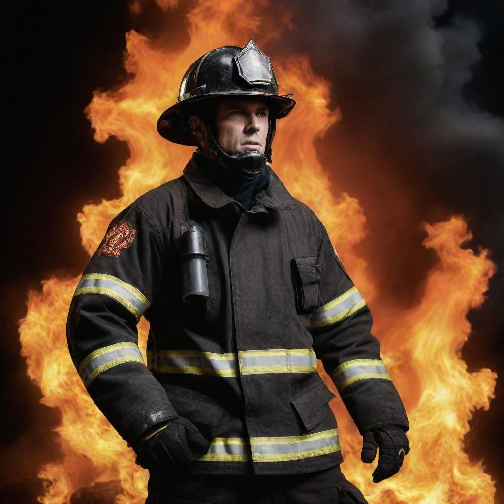 A brave fireman in full battle gear, standing confidently against a dramatic background of roaring, raging flames.