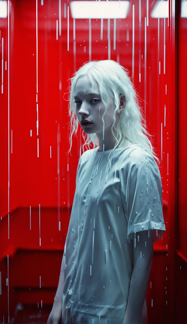 Albino teenage girl in white shift dress in a windowless minimalist red room where it's raining white inside. Raw, unedited 16k photograph capturing side view of symmetrical facial features under low light.