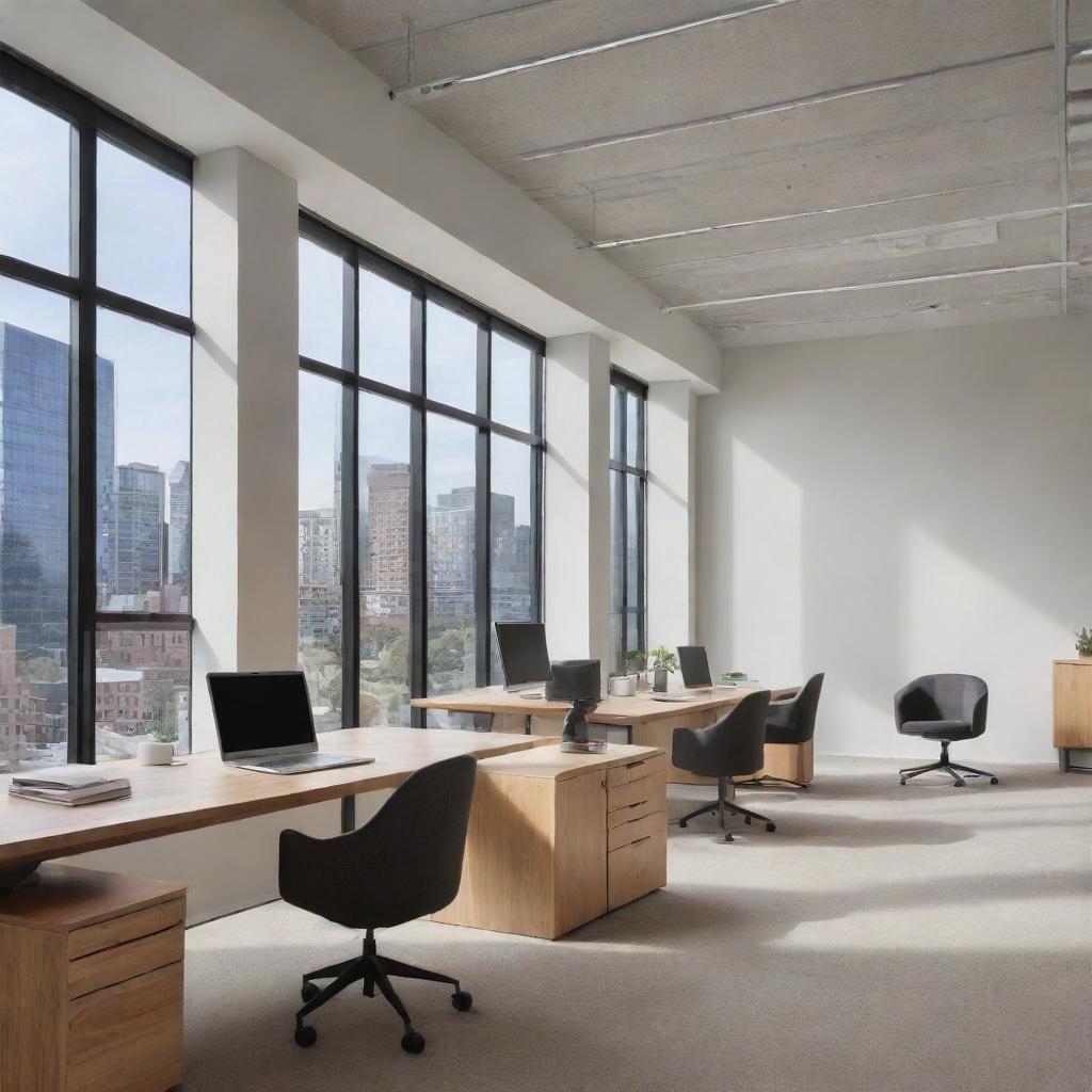 A modern office space with sleek furniture, ample natural light, large windows, and organized workspace areas.