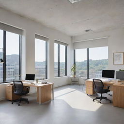 A modern office space with sleek furniture, ample natural light, large windows, and organized workspace areas.