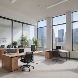 A modern office space with sleek furniture, ample natural light, large windows, and organized workspace areas.