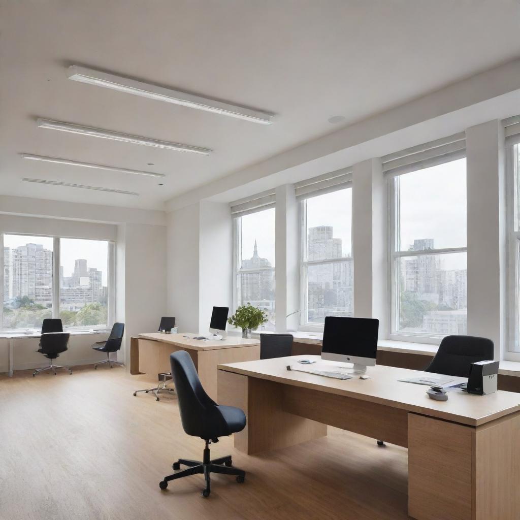 A modern office space with sleek furniture, ample natural light, large windows, and organized workspace areas.