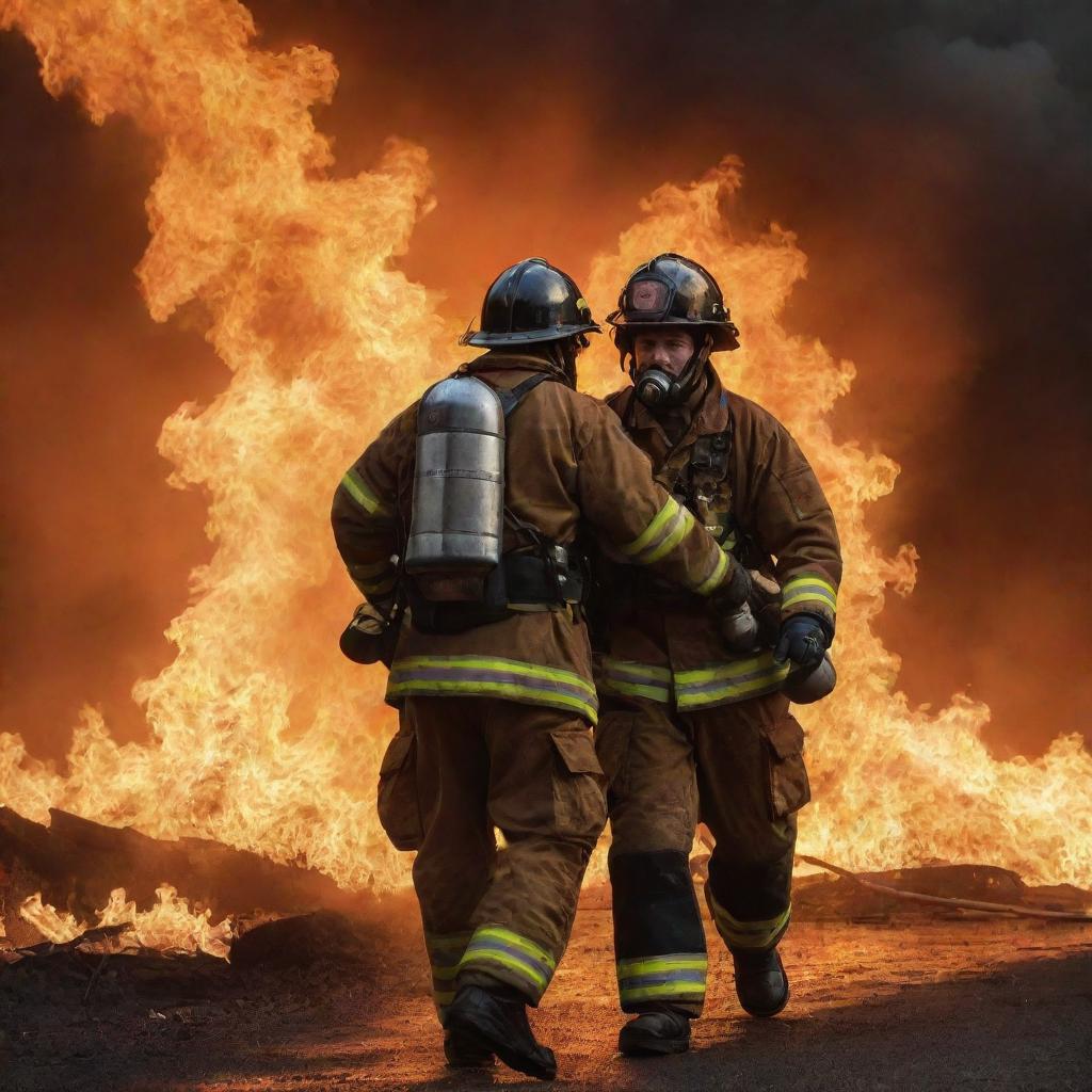 A valiant fireman in full gear rescuing a person against the dramatic backdrop of blazing flames.