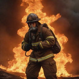 A valiant fireman in full gear rescuing a person against the dramatic backdrop of blazing flames.