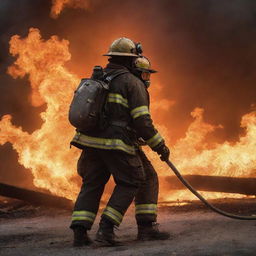 A valiant fireman in full gear rescuing a person against the dramatic backdrop of blazing flames.