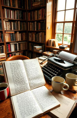 A novelist's workspace filled with literary inspirations, featuring an open notebook with handwritten notes, a vintage typewriter, and coffee cups scattered around