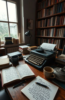 A novelist's workspace filled with literary inspirations, featuring an open notebook with handwritten notes, a vintage typewriter, and coffee cups scattered around