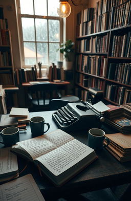 A novelist's workspace filled with literary inspirations, featuring an open notebook with handwritten notes, a vintage typewriter, and coffee cups scattered around