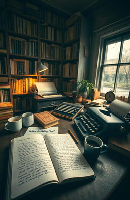 A novelist's workspace filled with literary inspirations, featuring an open notebook with handwritten notes, a vintage typewriter, and coffee cups scattered around