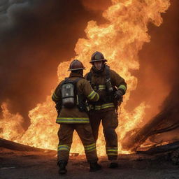 A valiant fireman in full gear rescuing a person against the dramatic backdrop of blazing flames.