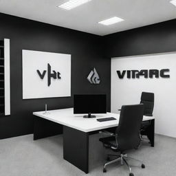 A modern office for a gaming gear company, featuring a bold 'Vipac' logo. The office has a black and white theme, with gaming gear displayed strategically.