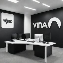 A modern office for a gaming gear company, featuring a bold 'Vipac' logo. The office has a black and white theme, with gaming gear displayed strategically.