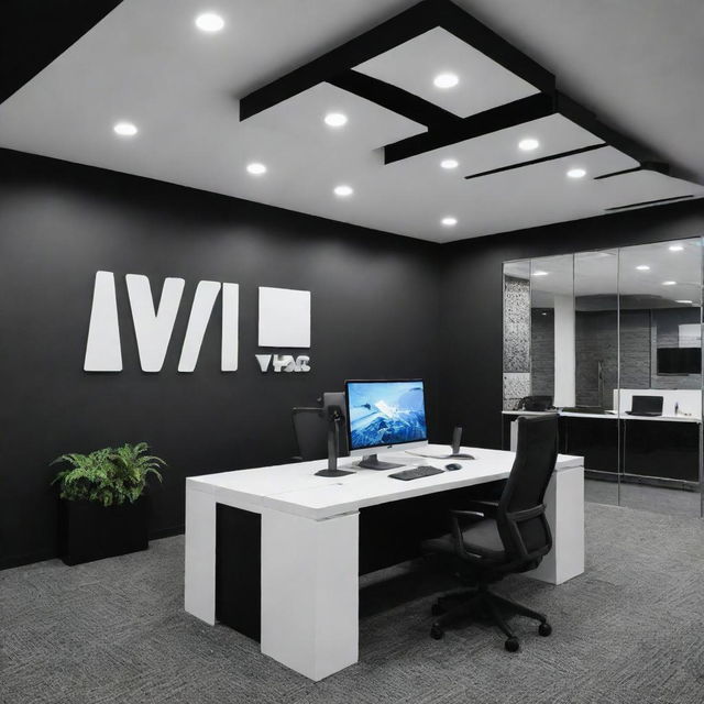 A modern office for a gaming gear company, featuring a bold 'Vipac' logo. The office has a black and white theme, with gaming gear displayed strategically.