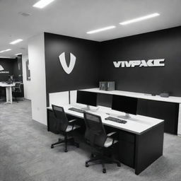 A modern office for a gaming gear company, featuring a bold 'Vipac' logo. The office has a black and white theme, with gaming gear displayed strategically.