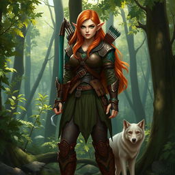 A detailed fantasy character inspired by Dungeons & Dragons: a fierce female half-elf ranger, standing tall in a dense forest