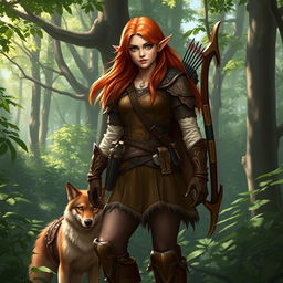 A detailed fantasy character inspired by Dungeons & Dragons: a fierce female half-elf ranger, standing tall in a dense forest