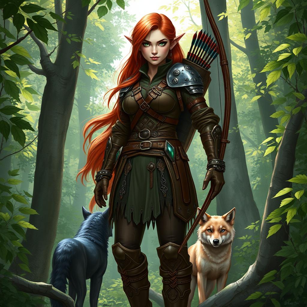 A detailed fantasy character inspired by Dungeons & Dragons: a fierce female half-elf ranger, standing tall in a dense forest