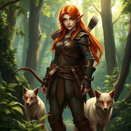 A detailed fantasy character inspired by Dungeons & Dragons: a fierce female half-elf ranger, standing tall in a dense forest