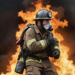 A courageous fireman, fully decked in his protective gear, heroically carrying a person over his shoulder, with a fierce background of raging flames.