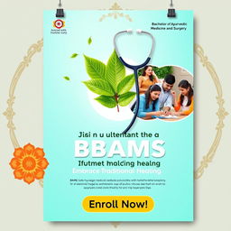 A vibrant advertisement poster for medical admissions, specifically for Bachelor of Ayurvedic Medicine and Surgery (BAMS)