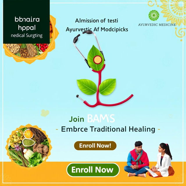 A vibrant advertisement poster for medical admissions, specifically for Bachelor of Ayurvedic Medicine and Surgery (BAMS)