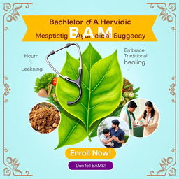 A vibrant advertisement poster for medical admissions, specifically for Bachelor of Ayurvedic Medicine and Surgery (BAMS)