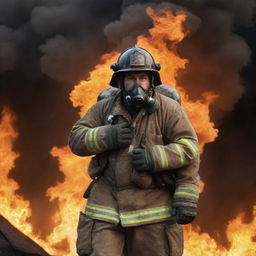 A courageous fireman, fully decked in his protective gear, heroically carrying a person over his shoulder, with a fierce background of raging flames.