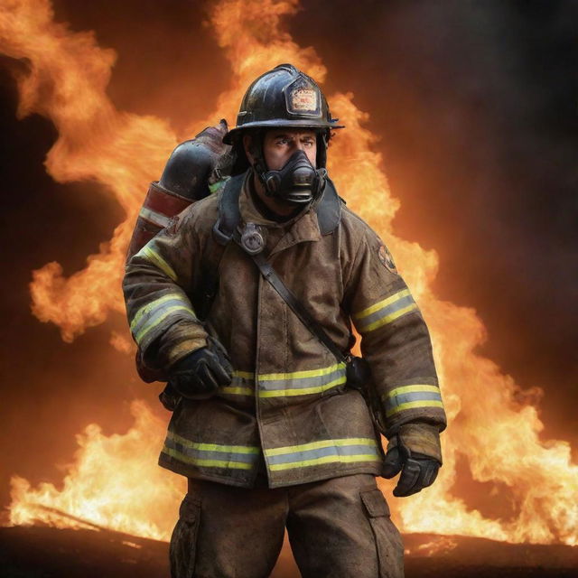 A courageous fireman, fully decked in his protective gear, heroically carrying a person over his shoulder, with a fierce background of raging flames.