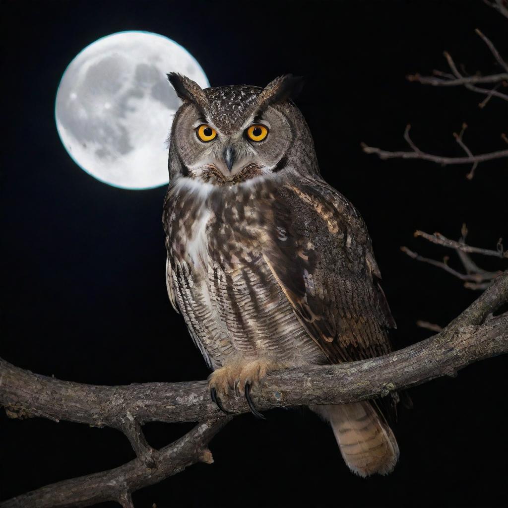 A majestic owl perched on a moonlit tree branch, its eyes glowing mysteriously in the dark.