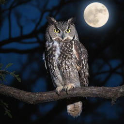 A majestic owl perched on a moonlit tree branch, its eyes glowing mysteriously in the dark.