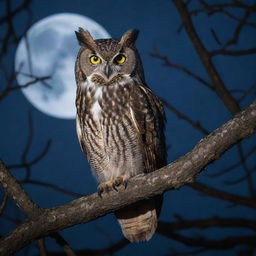 A majestic owl perched on a moonlit tree branch, its eyes glowing mysteriously in the dark.