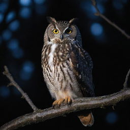 A majestic owl perched on a moonlit tree branch, its eyes glowing mysteriously in the dark.