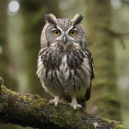 An intelligent-looking owl with wide, curious eyes perched on an ancient mossy tree branch.