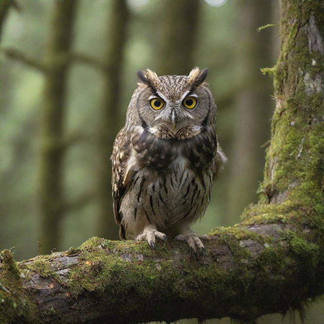 An intelligent-looking owl with wide, curious eyes perched on an ancient mossy tree branch.