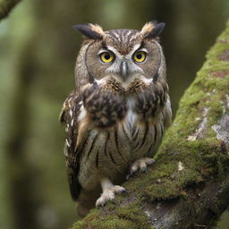 An intelligent-looking owl with wide, curious eyes perched on an ancient mossy tree branch.