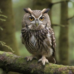 An intelligent-looking owl with wide, curious eyes perched on an ancient mossy tree branch.