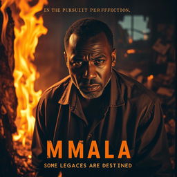 A dramatic scene from a movie titled 'MMALA', featuring a 52-year-old black man with a distressed expression, surrounded by the charred remnants of a house engulfed in flames