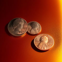 A close-up image of two pennies and a quarter resting on a surface, shimmering under soft light.