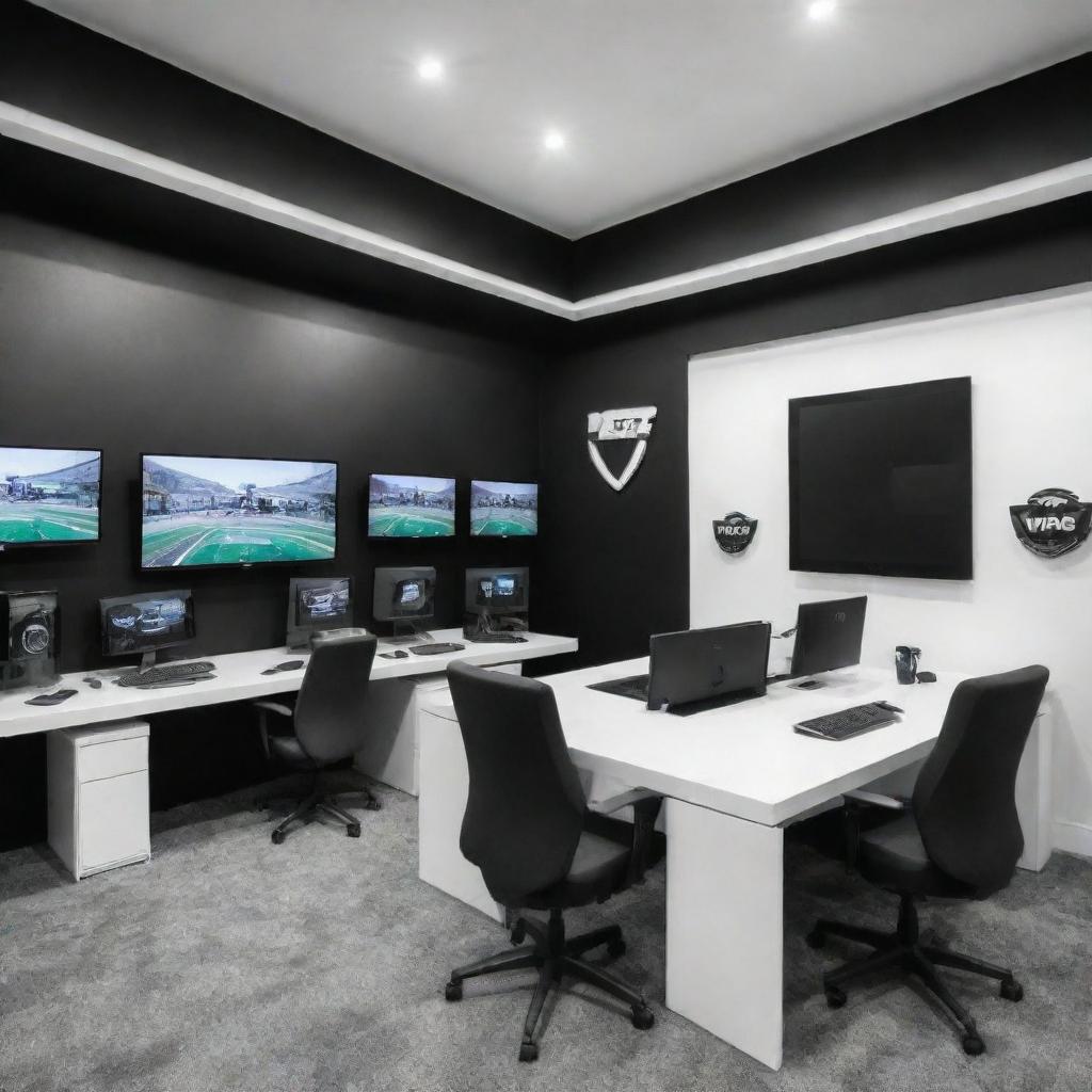 An office for a gaming gear company named 'Vipac', with a black and white theme. Features include displays of gaming gear and a prominently placed 'Vipac' logo.