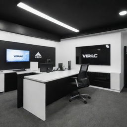 An office for a gaming gear company named 'Vipac', with a black and white theme. Features include displays of gaming gear and a prominently placed 'Vipac' logo.