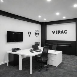 An office for a gaming gear company named 'Vipac', with a black and white theme. Features include displays of gaming gear and a prominently placed 'Vipac' logo.