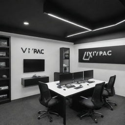 An office for a gaming gear company named 'Vipac', with a black and white theme. Features include displays of gaming gear and a prominently placed 'Vipac' logo.