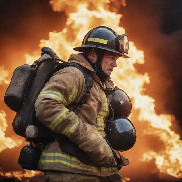 A heroic fireman in full firefighting gear, saving an unconscious person over his shoulder, amidst a backdrop of roaring flames.