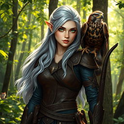 A beautiful female elf ranger standing gracefully in a lush forest, with a majestic hawk perched on her shoulder