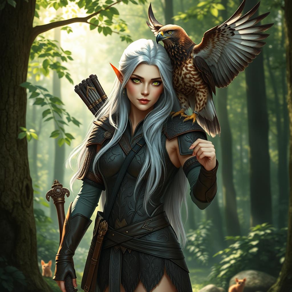 A beautiful female elf ranger standing gracefully in a lush forest, with a majestic hawk perched on her shoulder