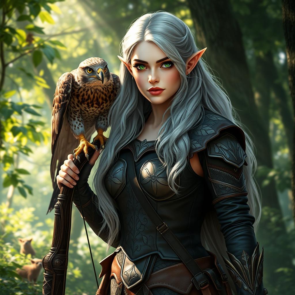 A beautiful female elf ranger standing gracefully in a lush forest, with a majestic hawk perched on her shoulder