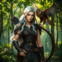 A beautiful female elf ranger standing gracefully in a lush forest, with a majestic hawk perched on her shoulder