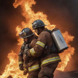 A heroic fireman in full firefighting gear, saving an unconscious person over his shoulder, amidst a backdrop of roaring flames.